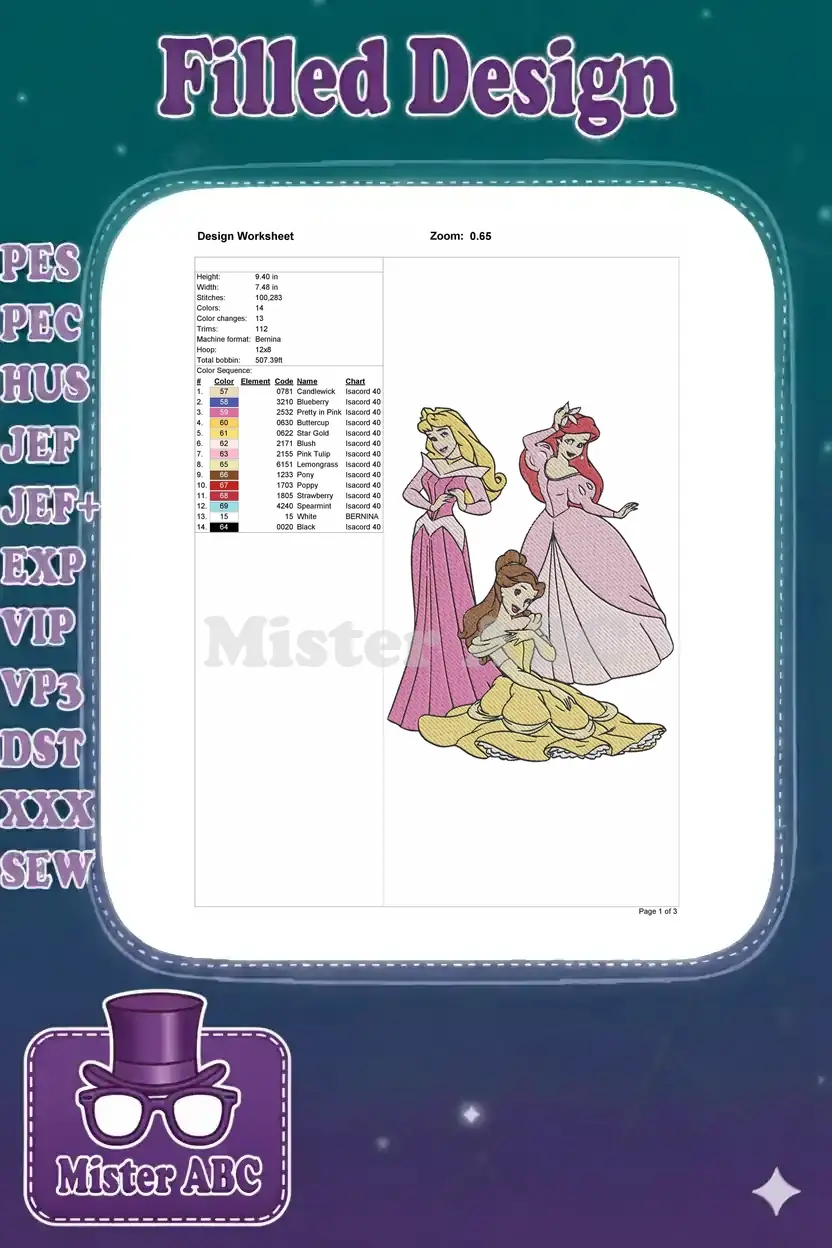 Detailed embroidery design worksheet showing stitch count, colors, dimensions, and machine format for the princess design.