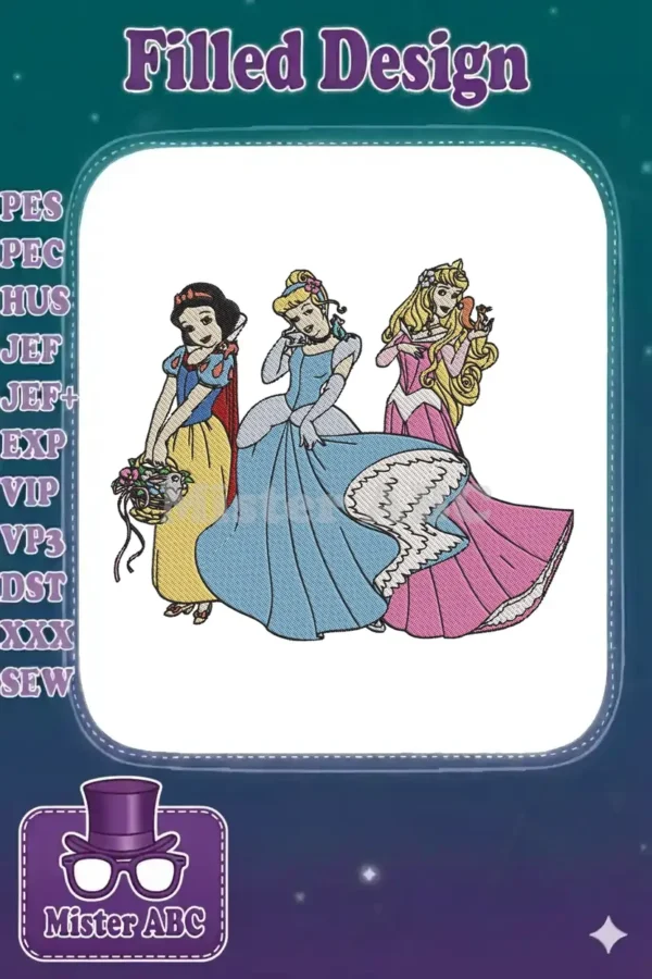 Three beloved Disney princesses—Snow White, Cinderella, and Aurora—standing together in a vibrant, detailed embroidery design.