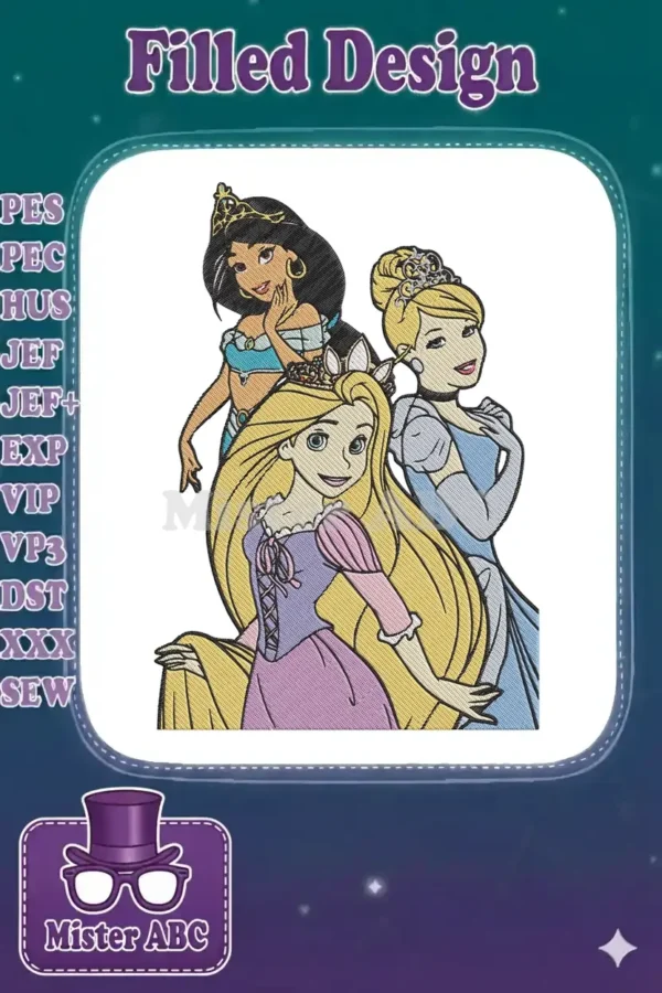 Three beloved Disney Princesses, Jasmine, Rapunzel, and Cinderella, captured in a vibrant embroidery design.