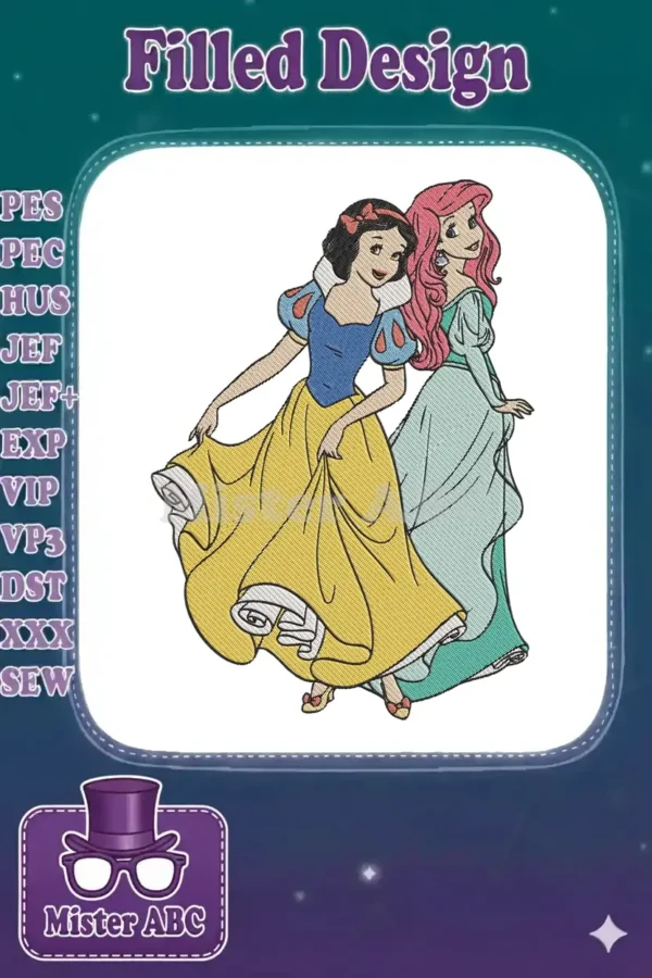 Full-color embroidery design of Disney princesses Snow White and Ariel, elegantly posed with flowing dresses, vibrant and detailed.