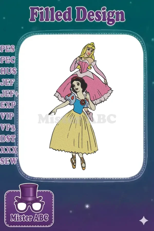 Elegant embroidery design featuring Snow White and Princess Aurora as ballerinas, showcasing vibrant colors and detailed stitching.