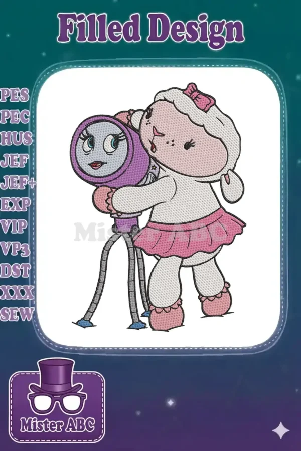 Charming embroidery design featuring Lambie from Doc McStuffins hugging a cute, anthropomorphic purple microphone.