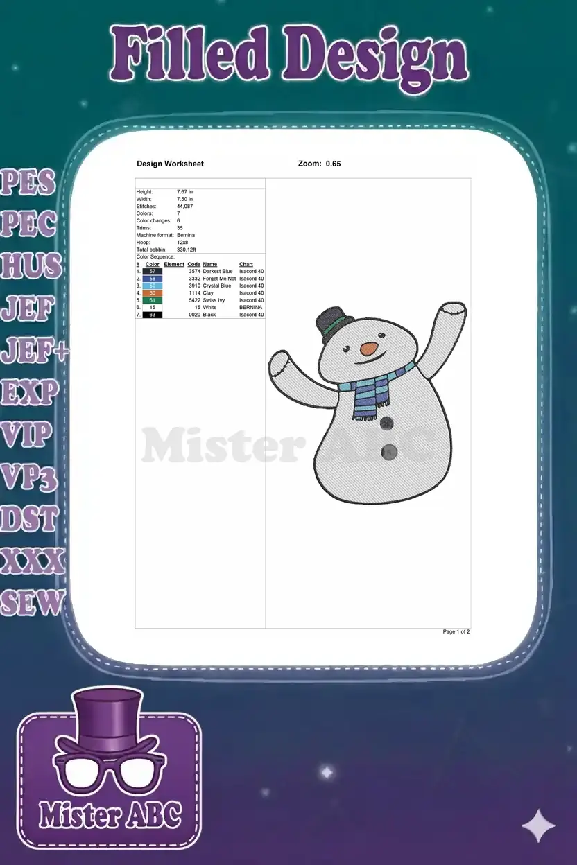 Detailed embroidery design worksheet for a snowman, showing dimensions, stitch count, colors, and machine info.