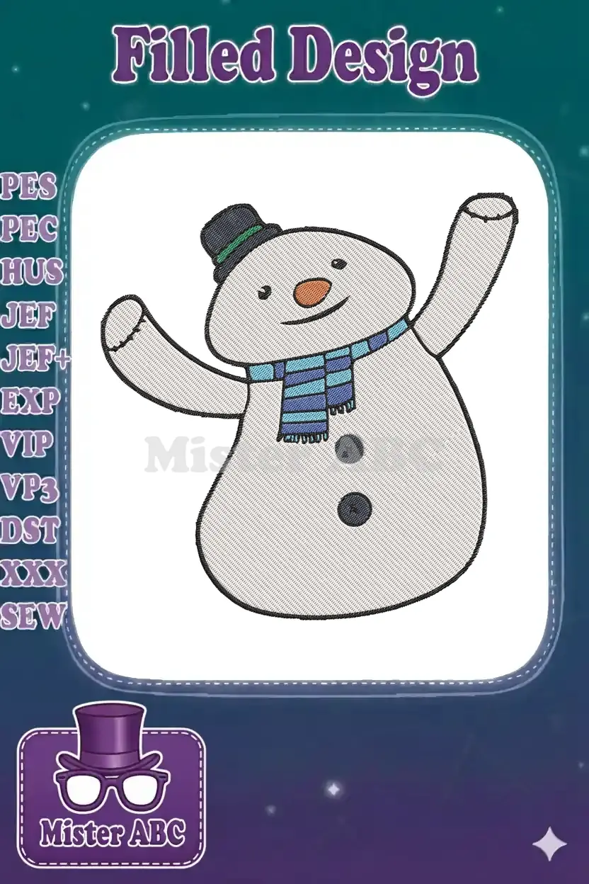 A cheerful embroidered snowman with a black hat, orange carrot nose, and a blue striped scarf, arms raised.