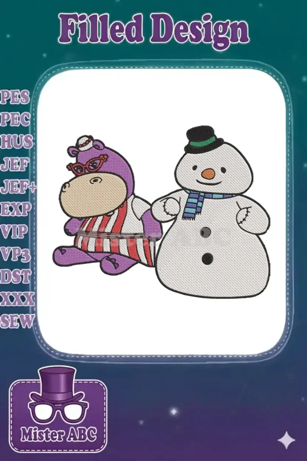 A delightful embroidery design of a purple hippopotamus with glasses and apron, holding hands with a cheerful snowman.