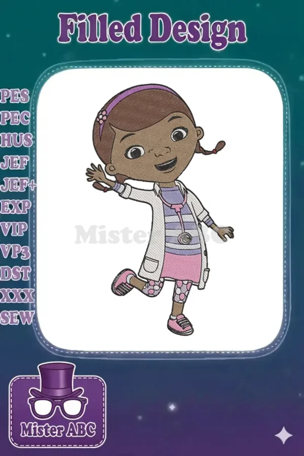 Detailed embroidery design of Doc McStuffins, smiling and waving, in her white lab coat and pink outfit.