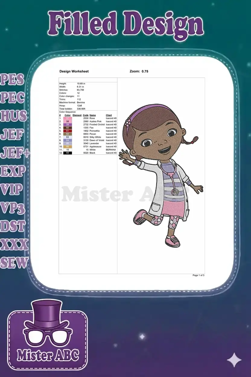 Embroidery design worksheet for Doc McStuffins, showing dimensions, stitch count, color sequence, and thread details.