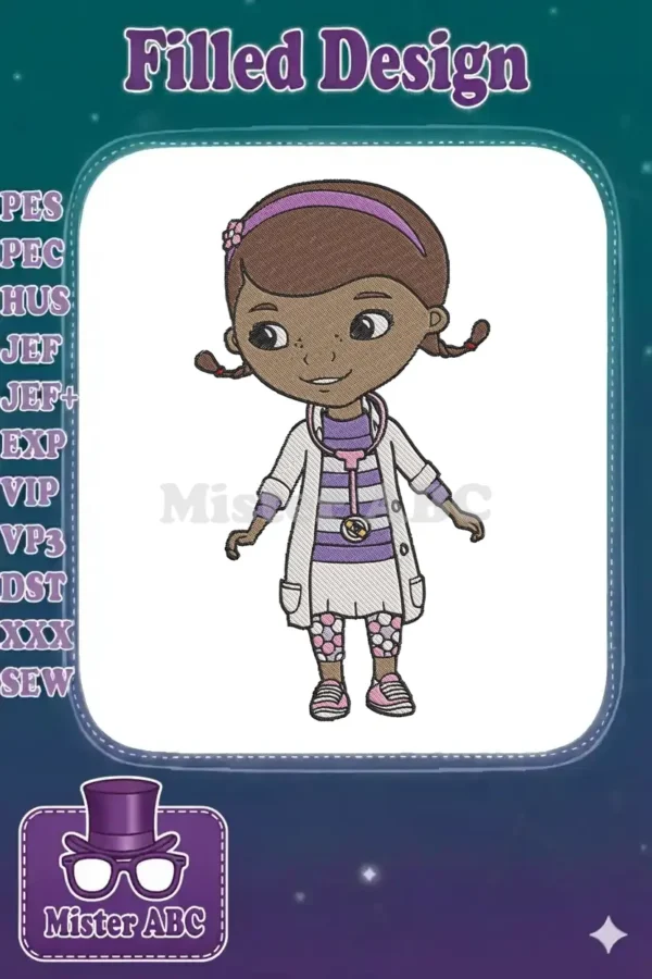 Full-body embroidery design of Doc McStuffins, featuring her lab coat, stethoscope, and signature outfit.