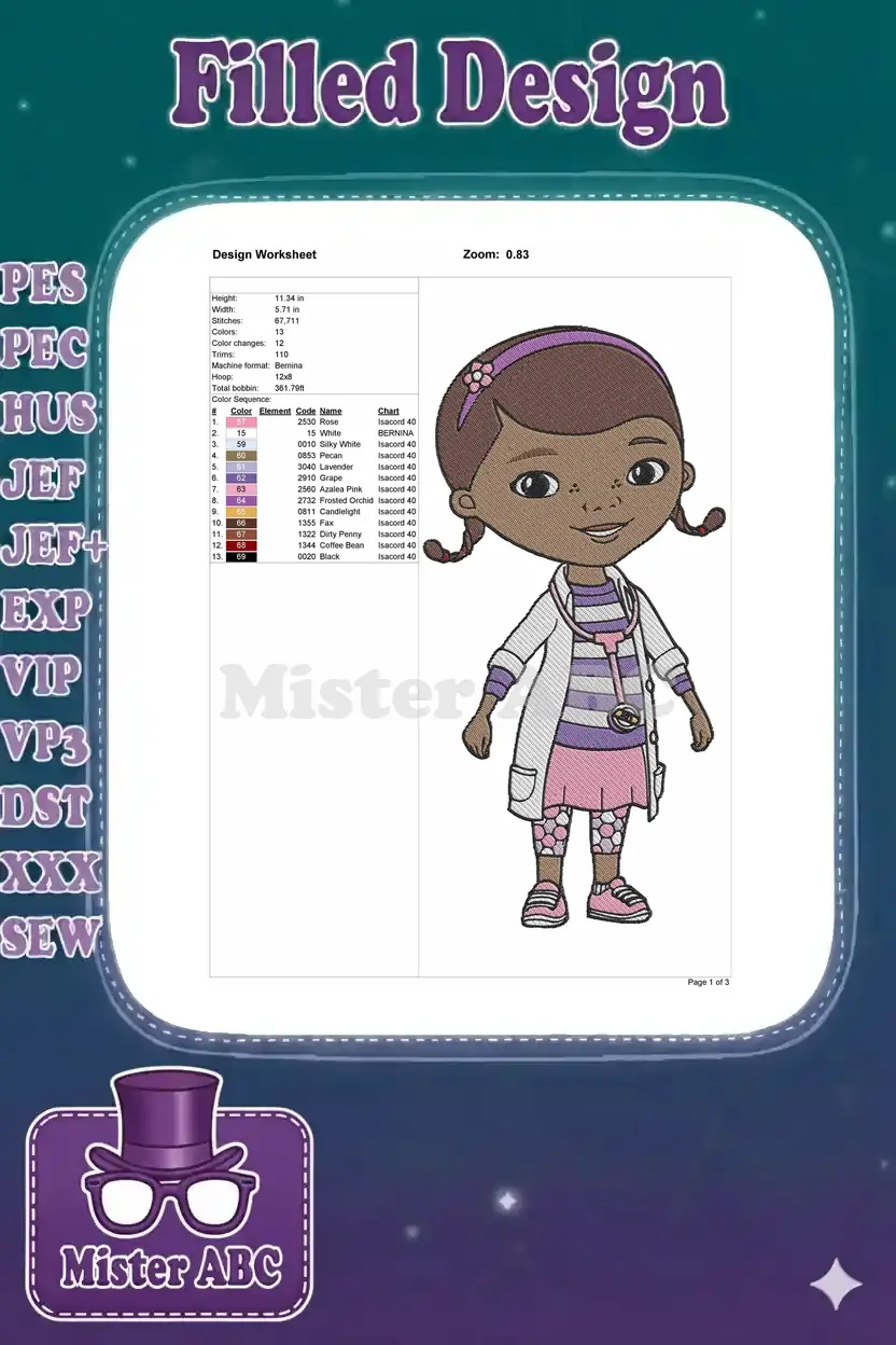 Embroidery design worksheet for Doc McStuffins, showing dimensions, stitch count, color sequence, and thread details.
