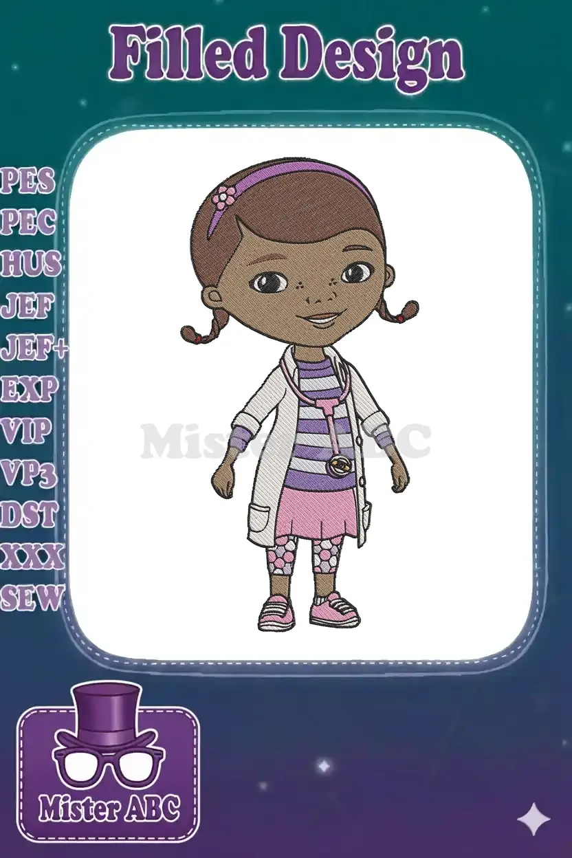 Full-body embroidery design of Doc McStuffins, smiling in her doctor's coat, colorful striped shirt, and patterned leggings.