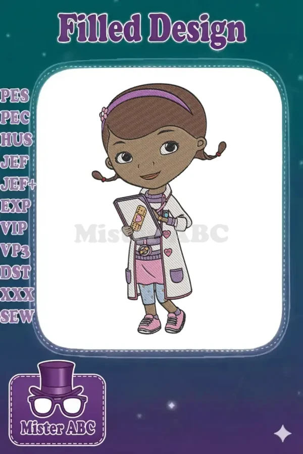 A high-quality embroidery design of Doc McStuffins, smiling and holding a clipboard with a bandage.