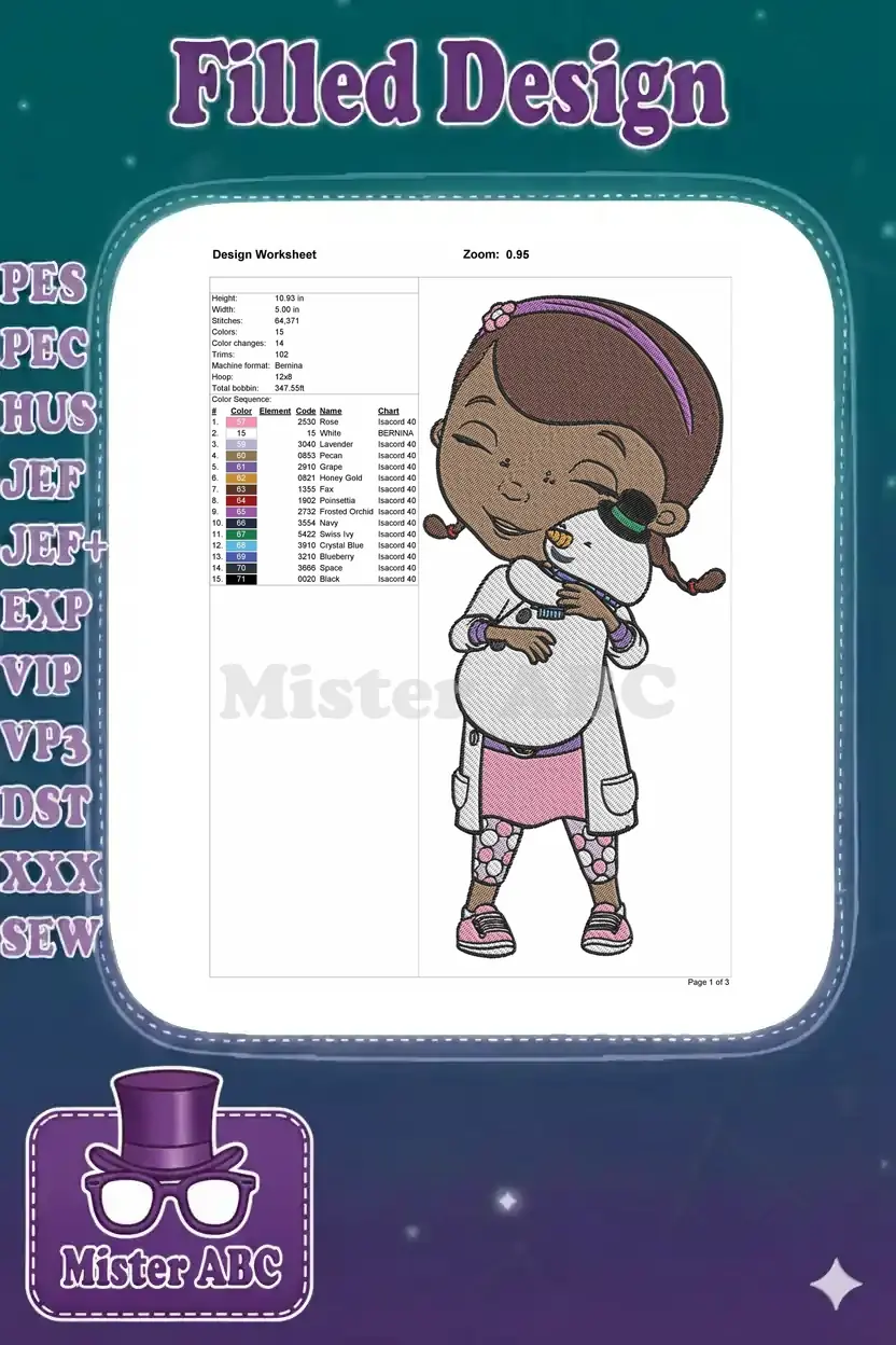 Embroidery design worksheet for Doc McStuffins and snowman, detailing stitch count, colors, and machine specifications.