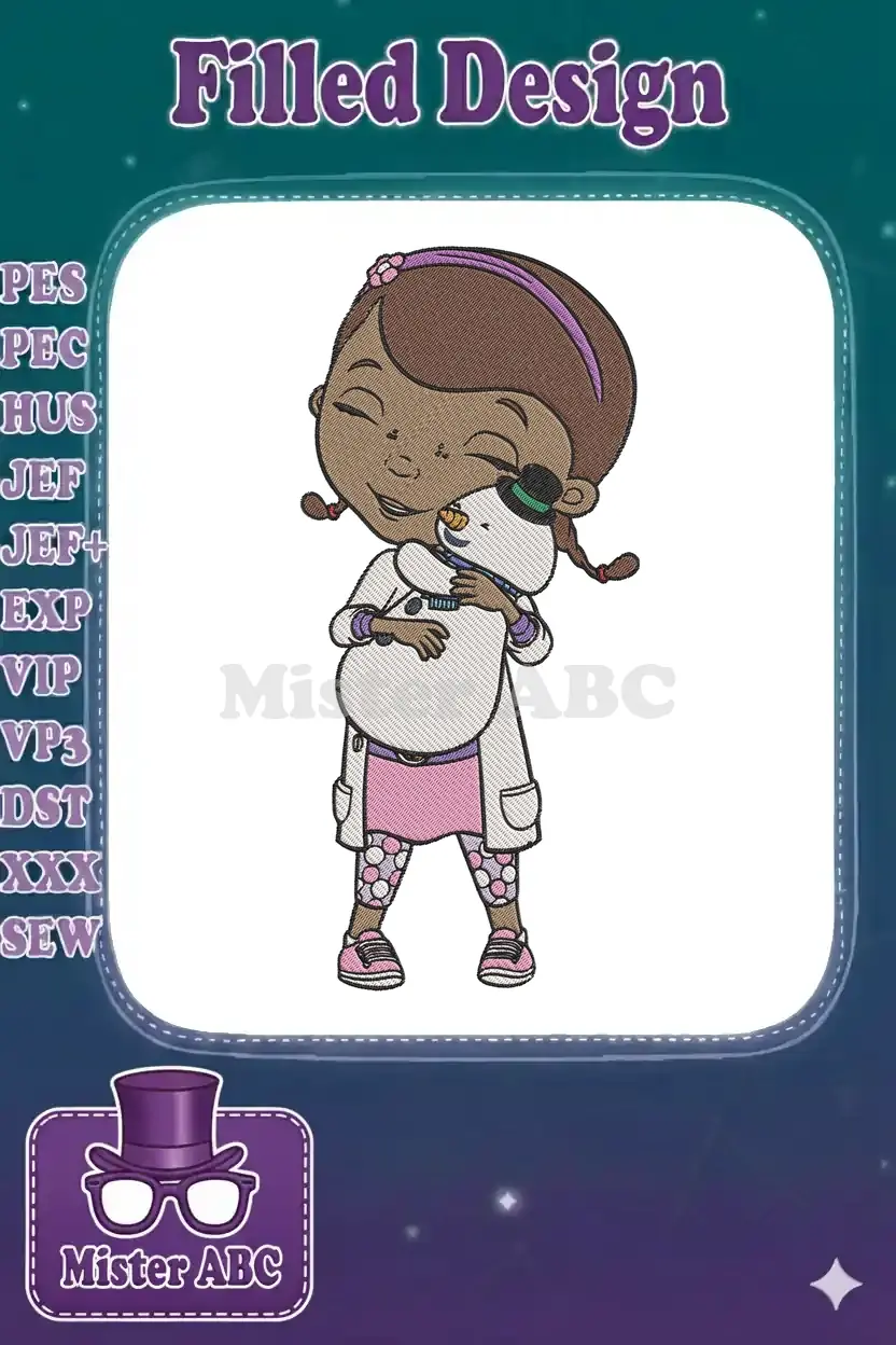 Doc McStuffins embroidery design, featuring the beloved character hugging a cheerful snowman, perfect for winter projects.