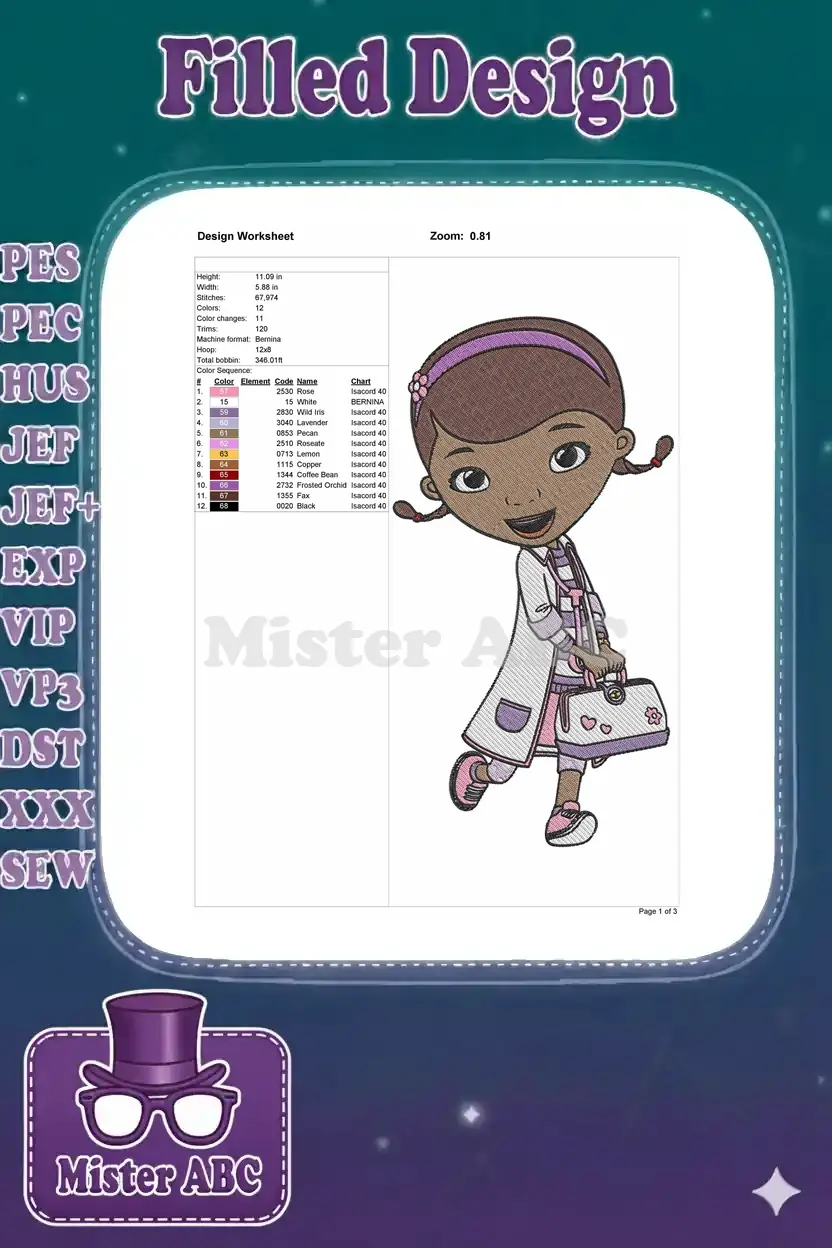 Embroidery design worksheet for Doc McStuffins, detailing dimensions, stitch count, colors, and machine specifications.