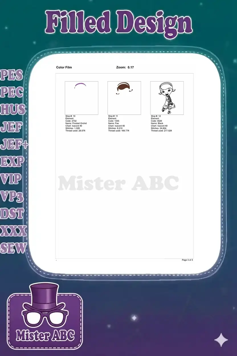 Color film breakdown (page 2 of 2) for Doc McStuffins embroidery, showing the final 3 color stops and black outline.