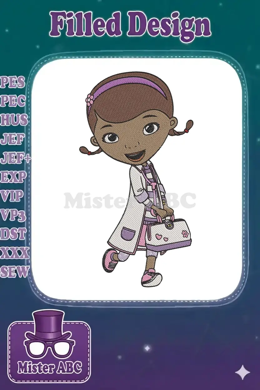 Vibrant Doc McStuffins embroidery design featuring the beloved character in her doctor's coat and bag, smiling brightly.