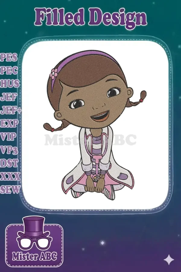 A vibrant embroidery design featuring Doc McStuffins, smiling cheerfully in her doctor's coat and headband.
