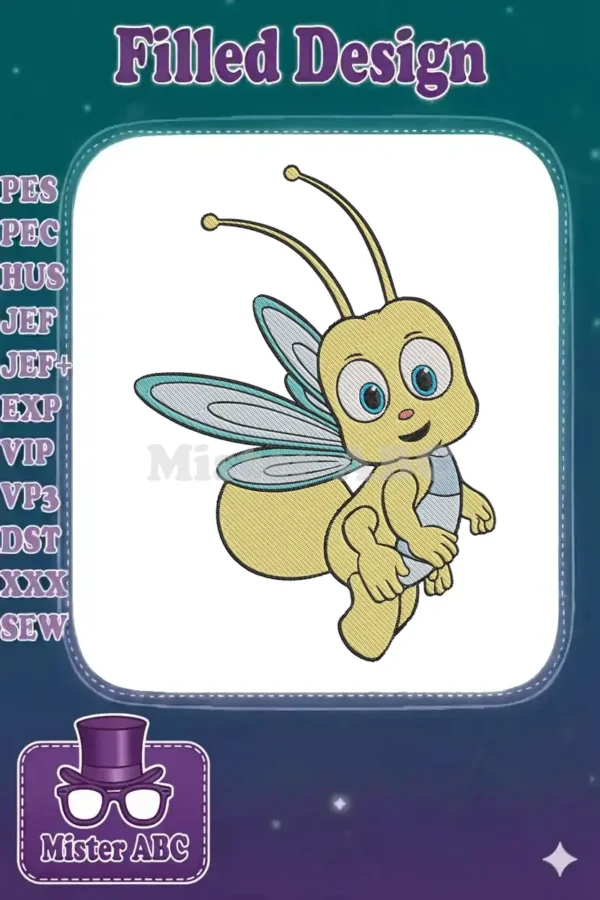 Vibrant cartoon bee embroidery design, featuring a cheerful yellow body, blue wings, and big expressive eyes.