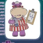 Friendly hippo nurse with clipboard and medical chart embroidery designs - Instant Download