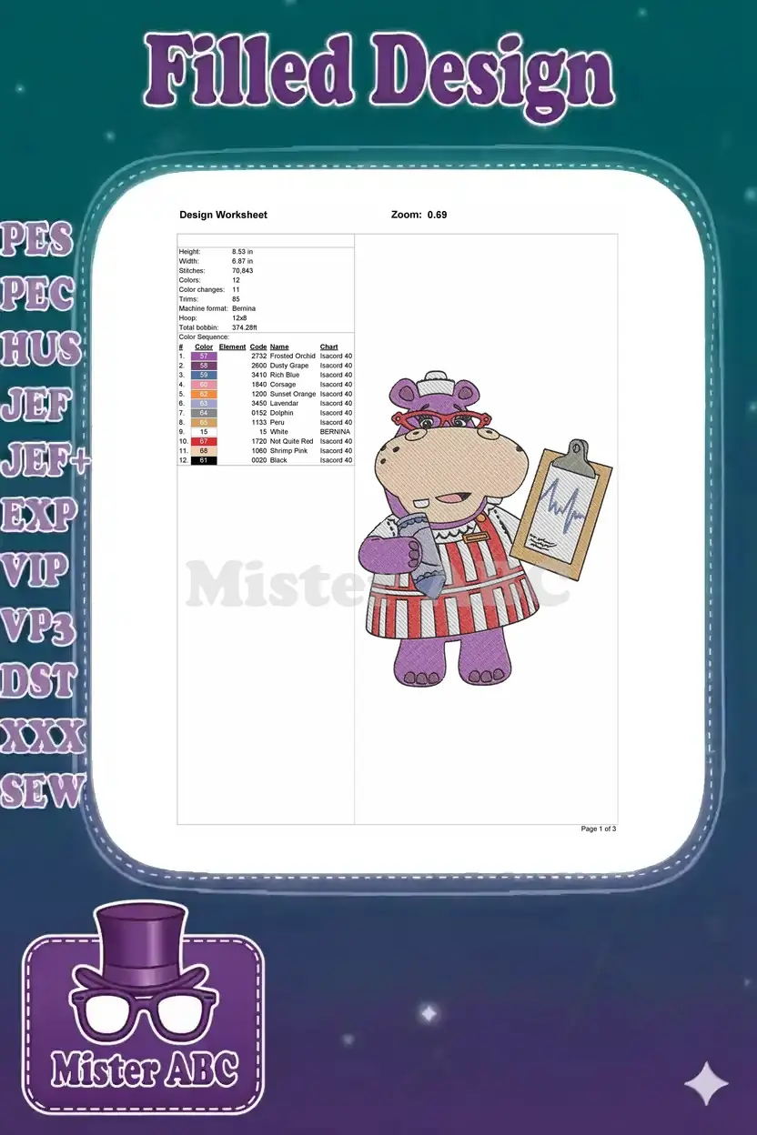 An embroidery design worksheet showing the hippo nurse, design dimensions, stitch count, and detailed color sequence.