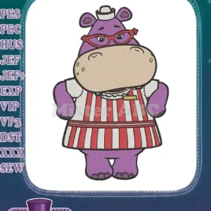 Full-body embroidery design of a purple hippo wearing red glasses, a chef's hat, and a striped apron.