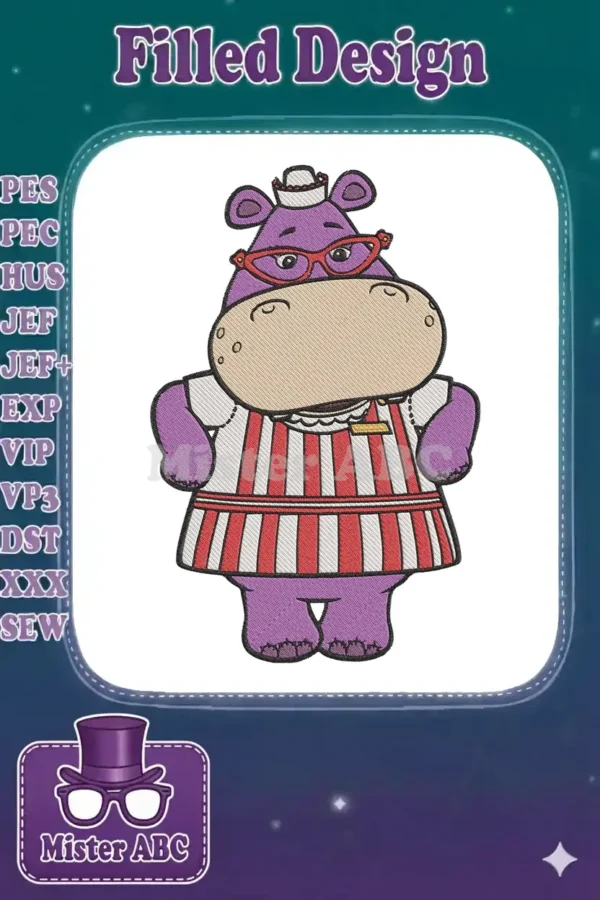 Full-body embroidery design of a purple hippo wearing red glasses, a chef's hat, and a striped apron.