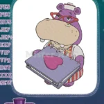 Cute purple hippo nurse with heart notebook embroidery designs - Instant Download