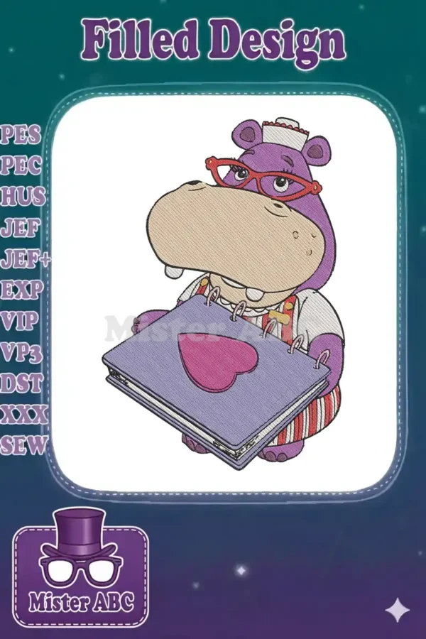 A delightful purple nurse hippo embroidery design, wearing red glasses and a cap, holding a heart notebook.