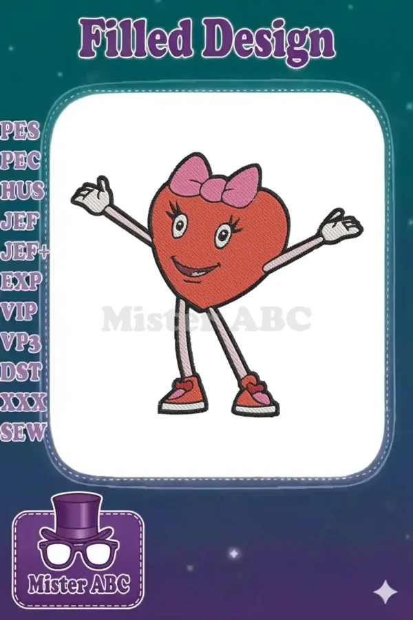 A cheerful, embroidered heart character with a pink bow, outstretched arms, and sneakers, ready to spread joy.