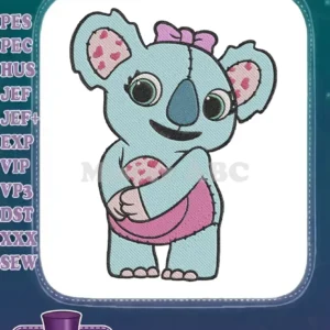A charming light blue koala embroidery design with a pink bow, holding a heart-patterned item, on a white background.