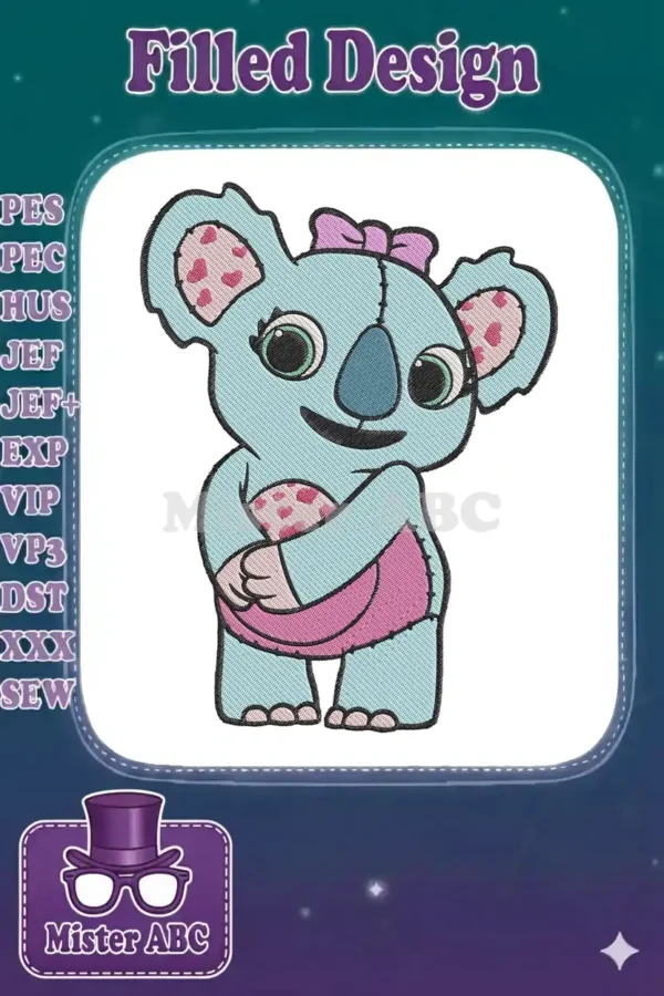A charming light blue koala embroidery design with a pink bow, holding a heart-patterned item, on a white background.