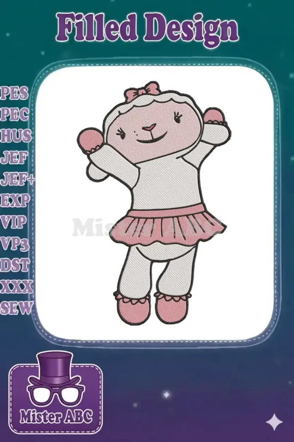 A charming embroidery design of Lambie, a cute white lamb with pink accents, posing happily. Perfect for kids' items.