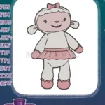 Cute smiling lamb character with pink bow skirt embroidery designs - Instant Download