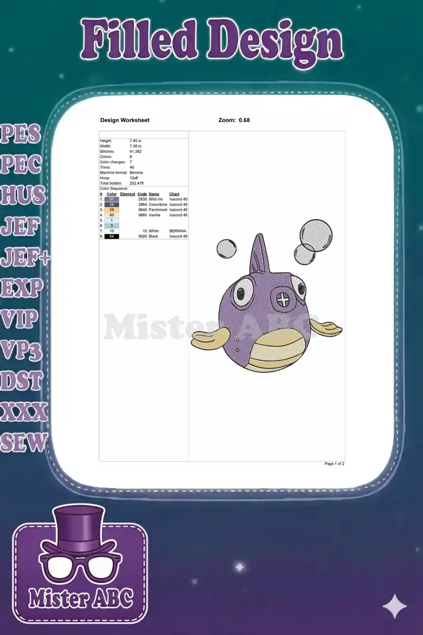 Embroidery design worksheet for Clamperl, detailing dimensions, stitch count, color sequence, and machine info.