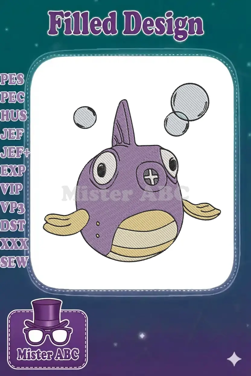 Vibrant embroidery of Clamperl, a purple Pokémon, floating with bubbles, showcasing intricate details and smooth stitching.