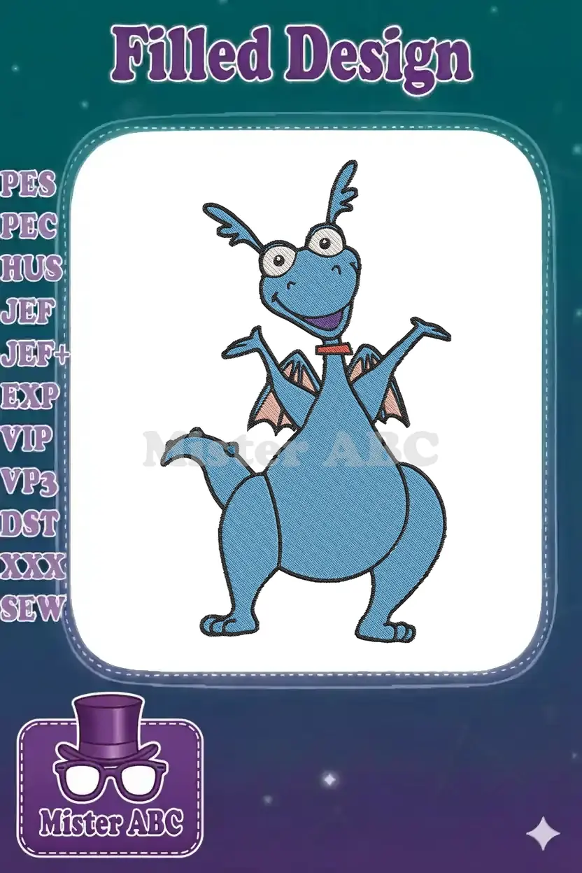 A cheerful blue cartoon dragon embroidery design with wide eyes and a happy smile, detailed with rich texture.