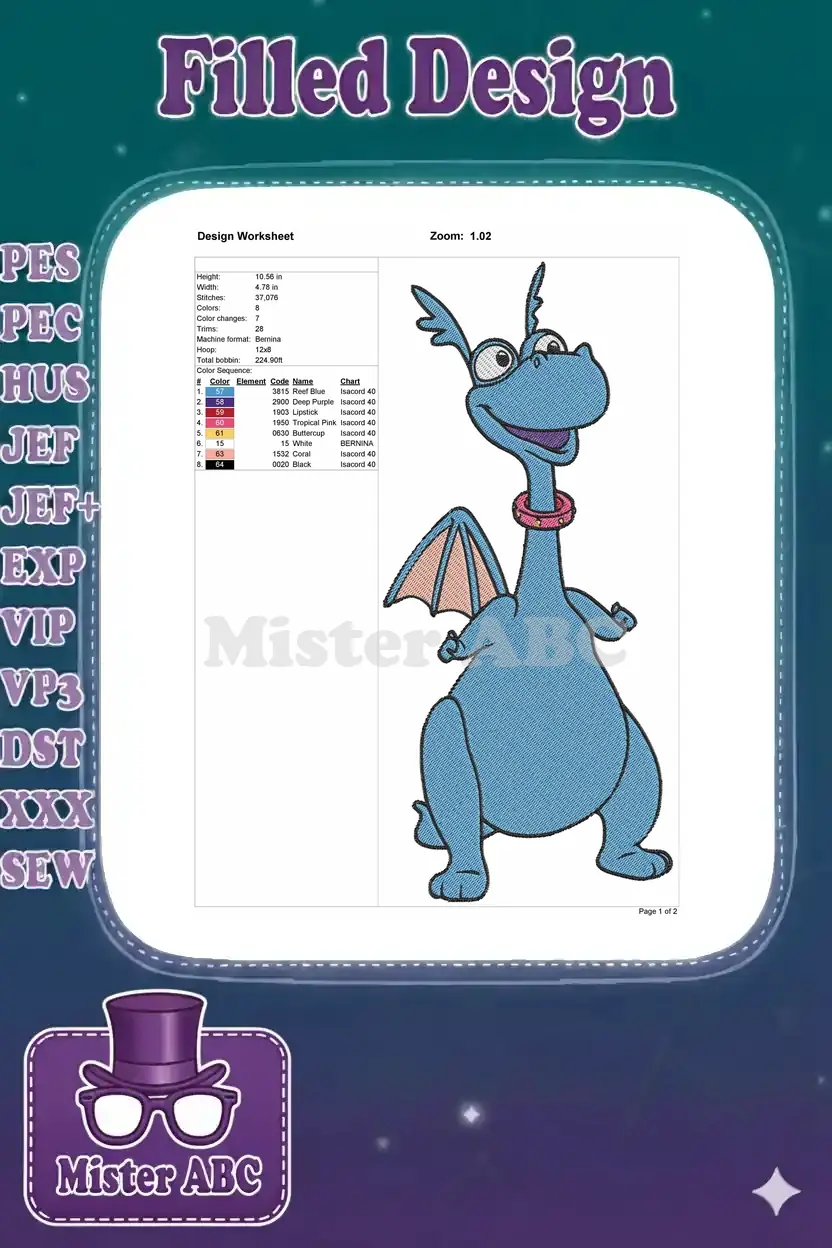 Embroidery design worksheet detailing the blue dragon's dimensions, stitch count, color sequence, and thread codes.