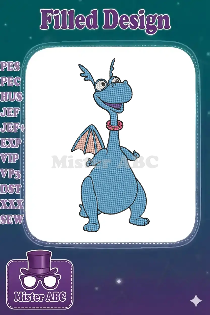 Vibrant blue dragon character with a joyful expression, pink collar, and small wings, rendered in detailed embroidery.