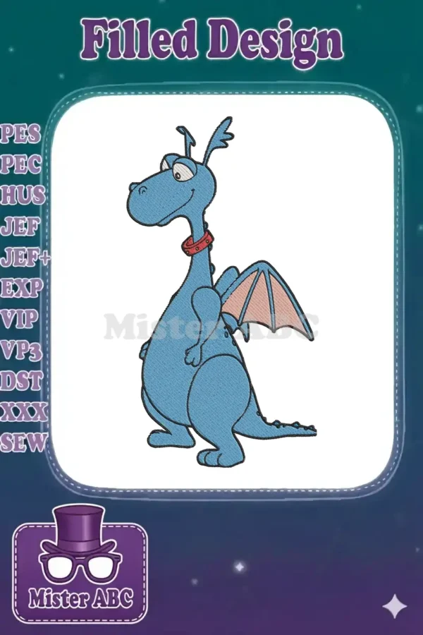 A vibrant, friendly blue cartoon dragon embroidery design with a red collar and peach wings, ready to stitch!