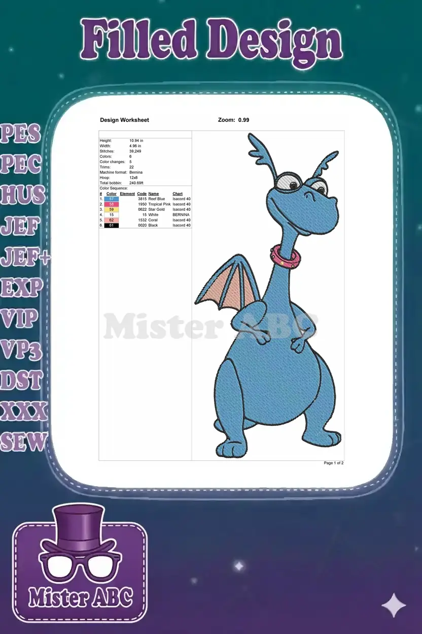 Embroidery design worksheet for Ord, detailing dimensions, stitch count, color sequence, and thread types.