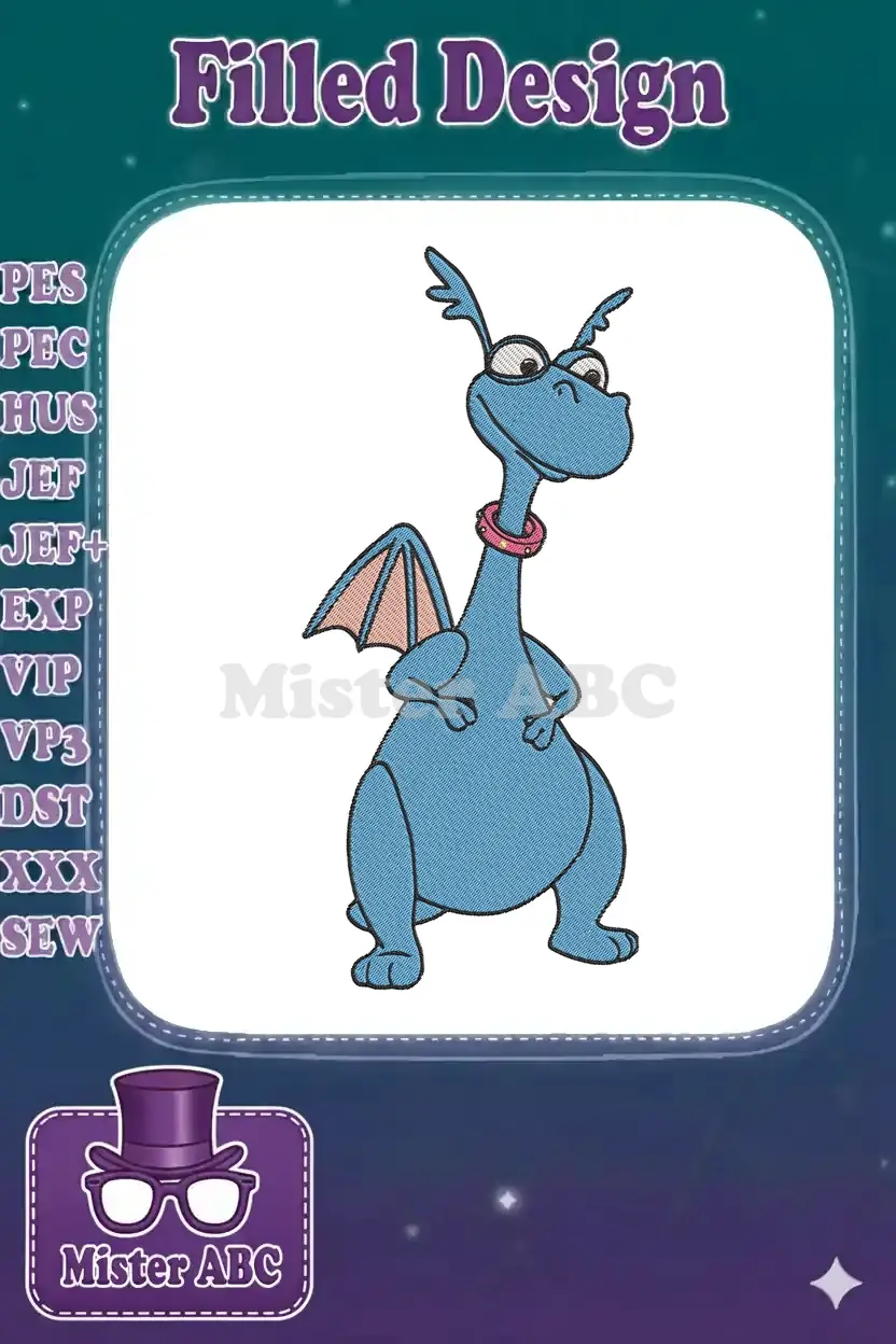 Full view of Ord, the smiling blue dragon from Dragon Tales, as a detailed satin stitch embroidery design.