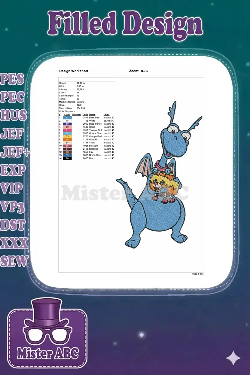 A detailed design worksheet for the Ord and Fuzzball embroidery, showing size, stitch count, and color chart.