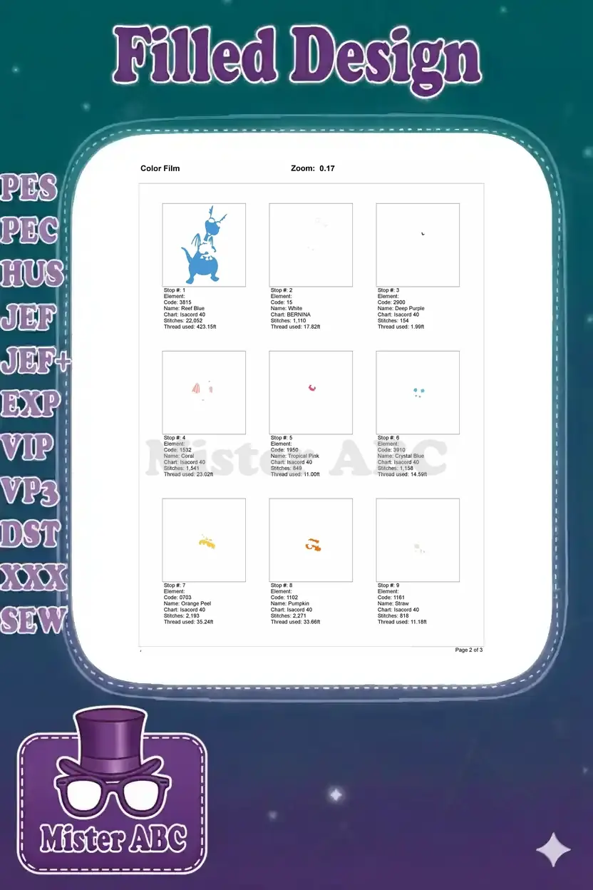 First page of the color film for the Ord and Fuzzball embroidery, displaying the initial nine stitch stops.
