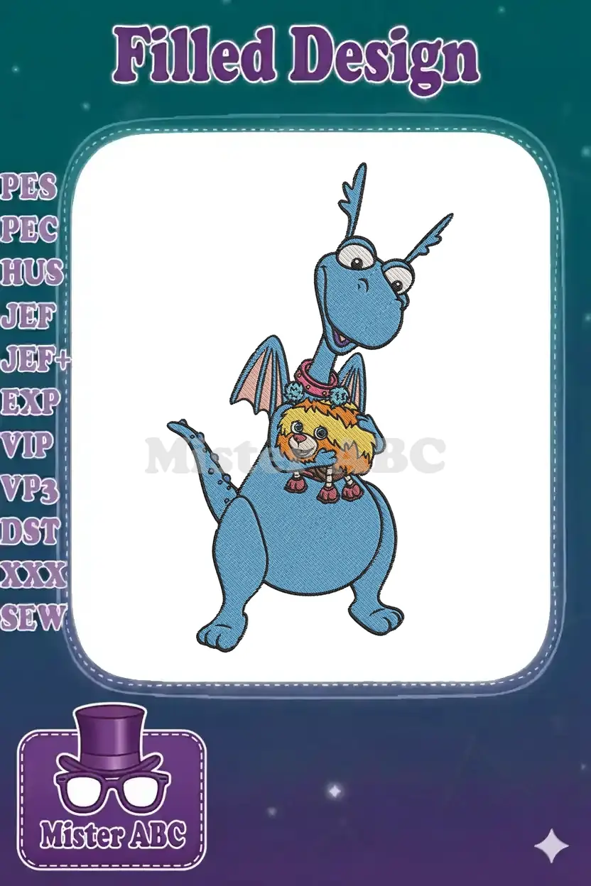 A vibrant machine embroidery design featuring a friendly blue dragon, Ord, gently holding a yellow Fuzzball.