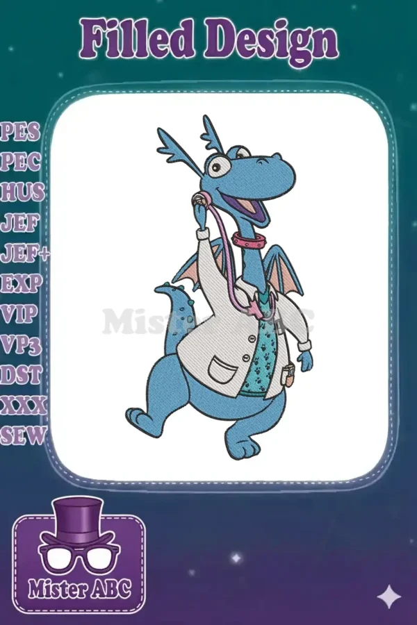 Embroidery design of Ord the dragon from Dragon Tales, wearing a white doctor's coat and holding a pink stethoscope.