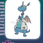 Cute blue scientist dragon cartoon embroidery designs for kids - Instant Download