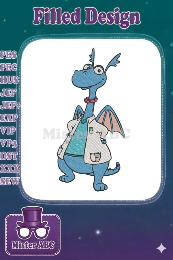 Stuffy the Dragon from Doc McStuffins embroidery, wearing a lab coat, with detailed texture and vibrant colors.