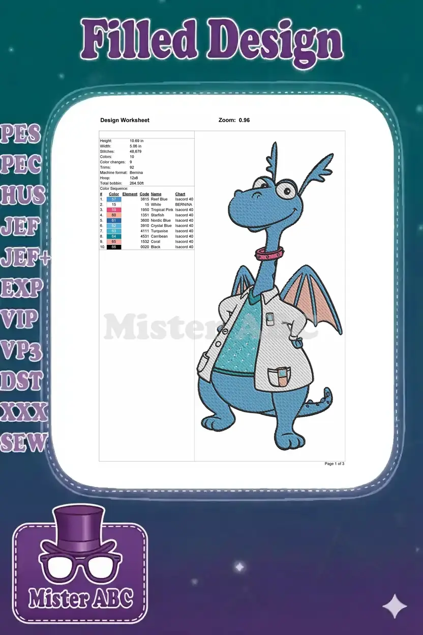 Embroidery design worksheet for Stuffy the Dragon, detailing dimensions, stitch count, colors, and thread types.