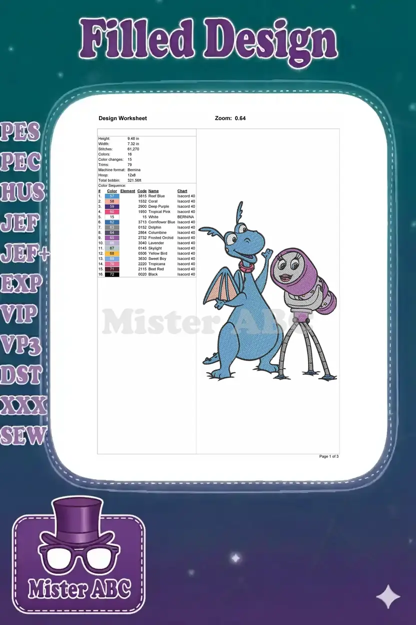 Design worksheet for the Cassie and Zoomer embroidery, showing dimensions, stitch count, and color chart.