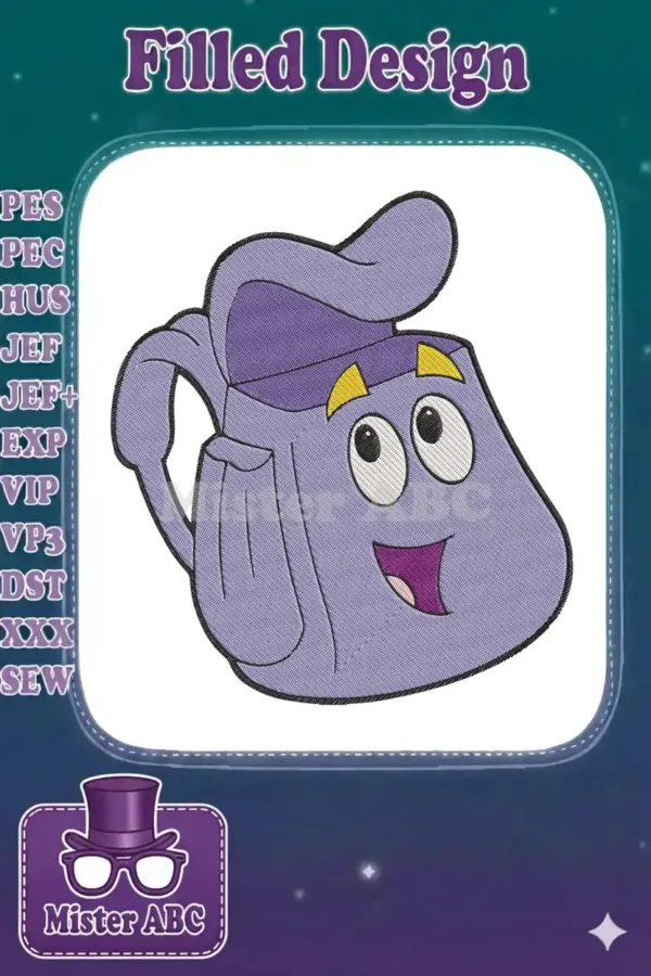 A cheerful purple cartoon backpack with a smiling face, an iconic character from Dora the Explorer.